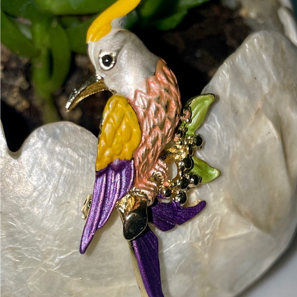 Vibrant Yellow and Purple Bird Brooch